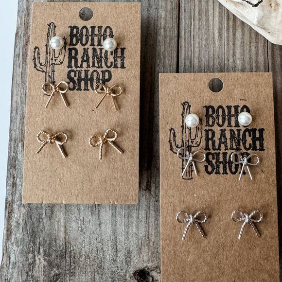 Coquette Bow Pearl Stud 3 piece Earring Set Silvertone - Picture 2 of 2